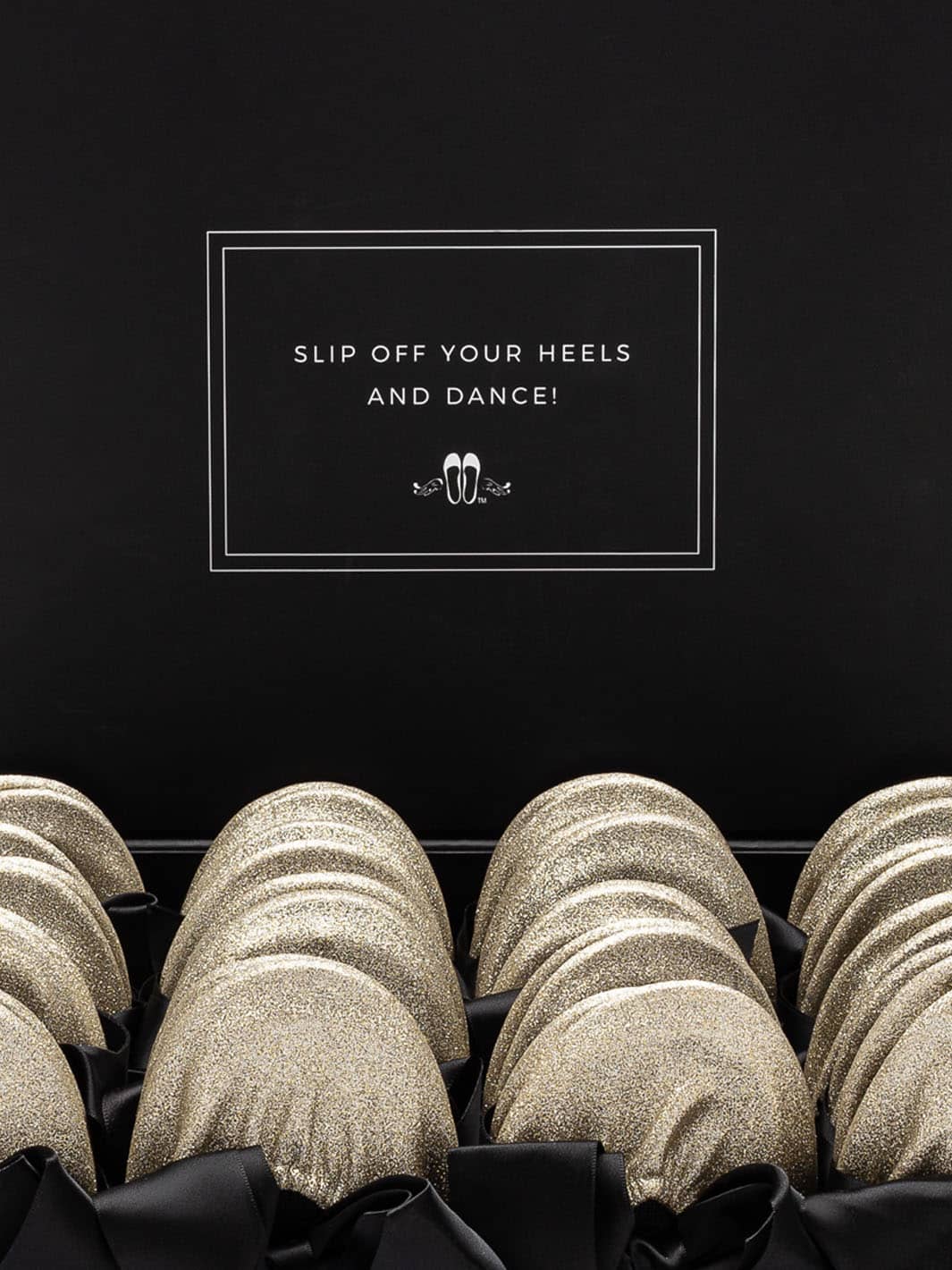 2026 June Pre-Order - 20 Pairs of Gold Glitter Rescue Flats (BLACK Display Box)