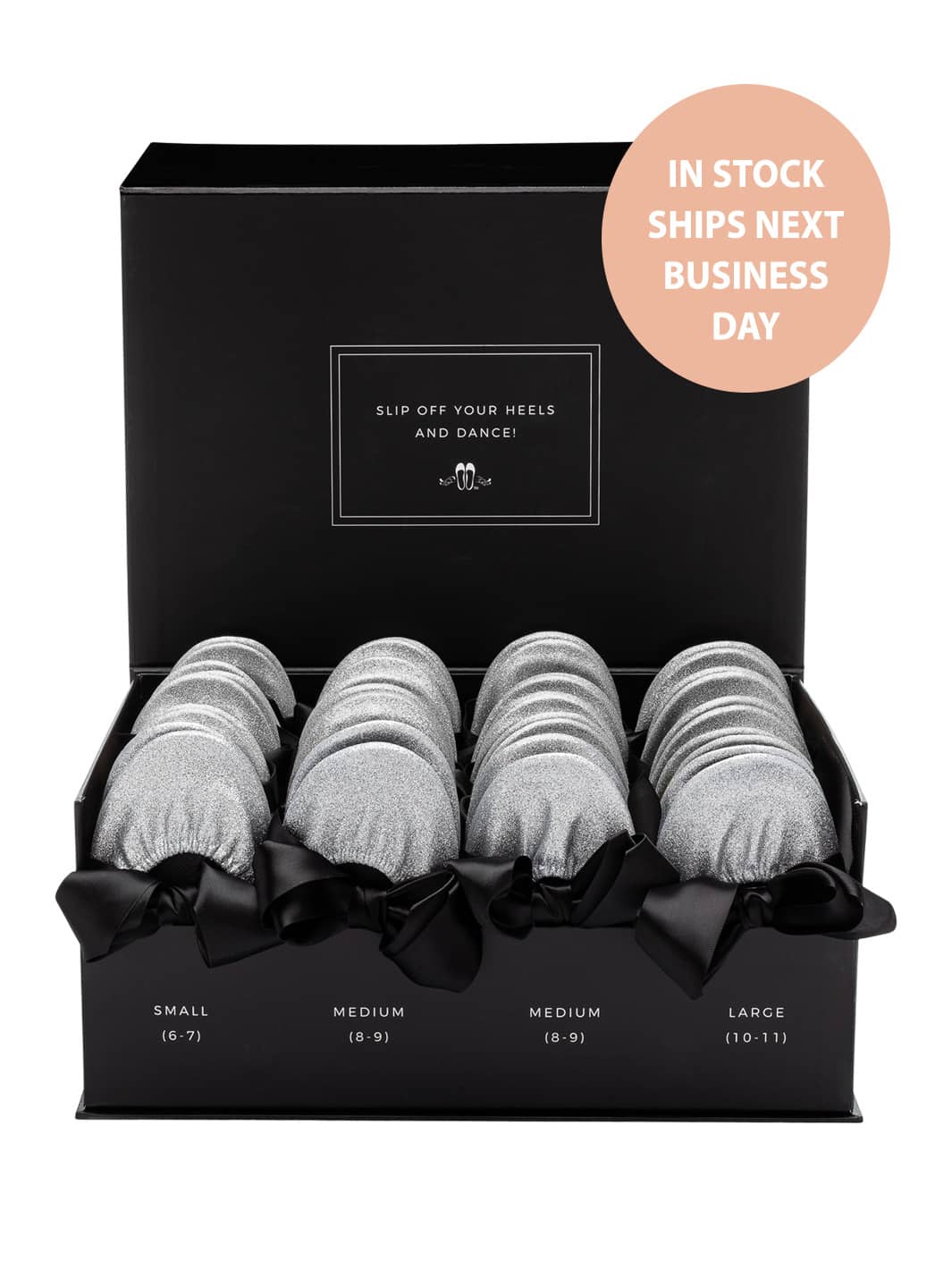 20 Pairs of Silver Glitter Rescue Flats (BLACK Display Box)
